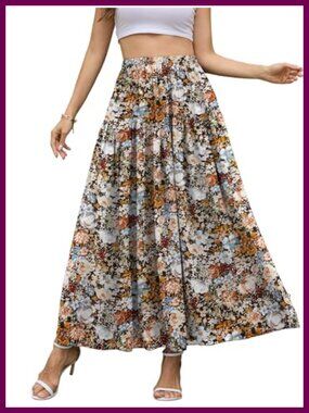 Chiffon Maxi Skirt A-Line High Waisted Elastic Floral Long Skirt
